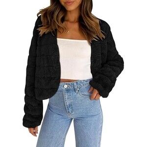 Old Money Black Faux Fur Cropped Jacket Shaggy Fleece Warm Winter Coat